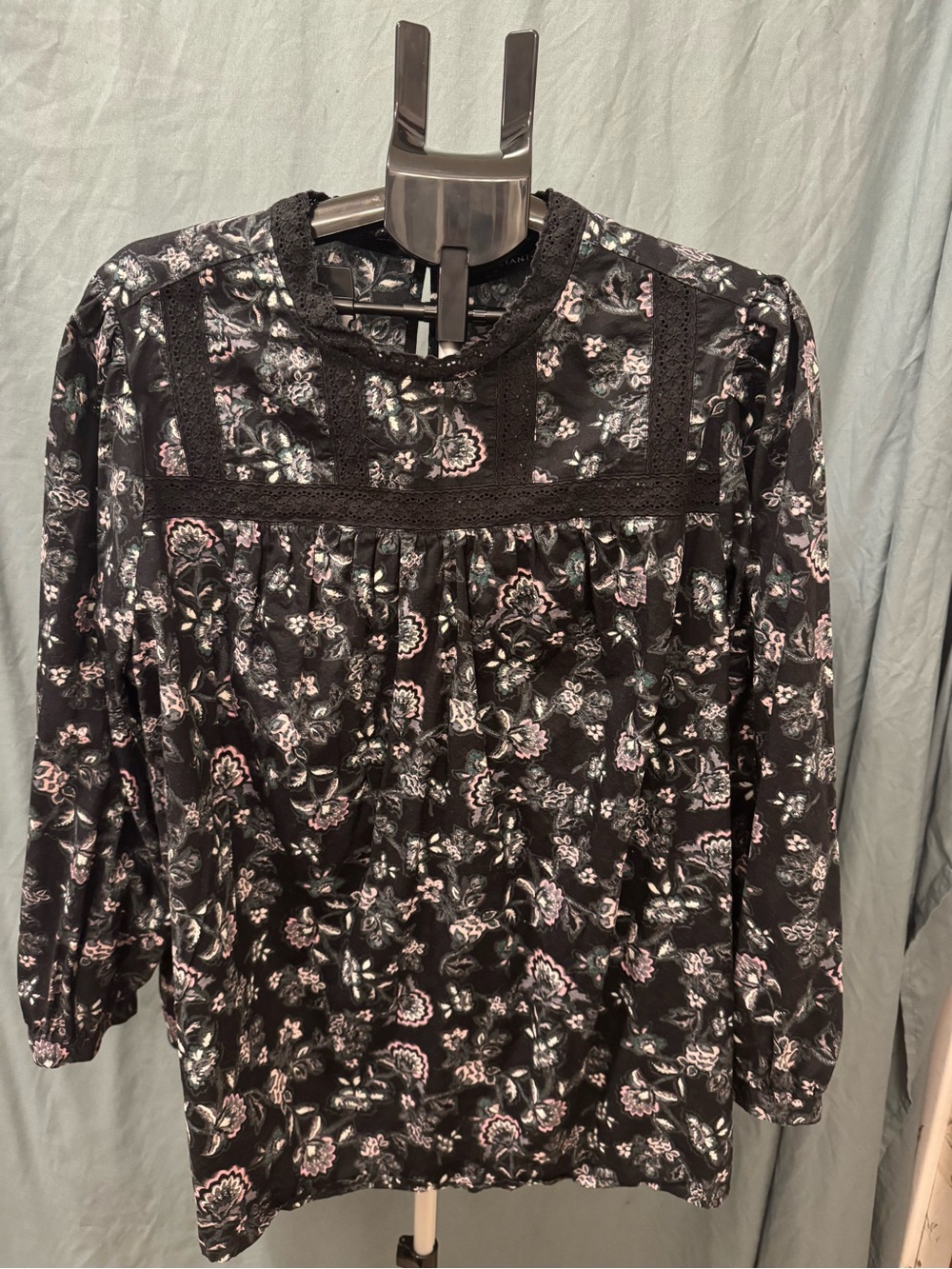 Lane Bryant Floral Lace Trim Long Sleeve Blouse Black Pink Size 20